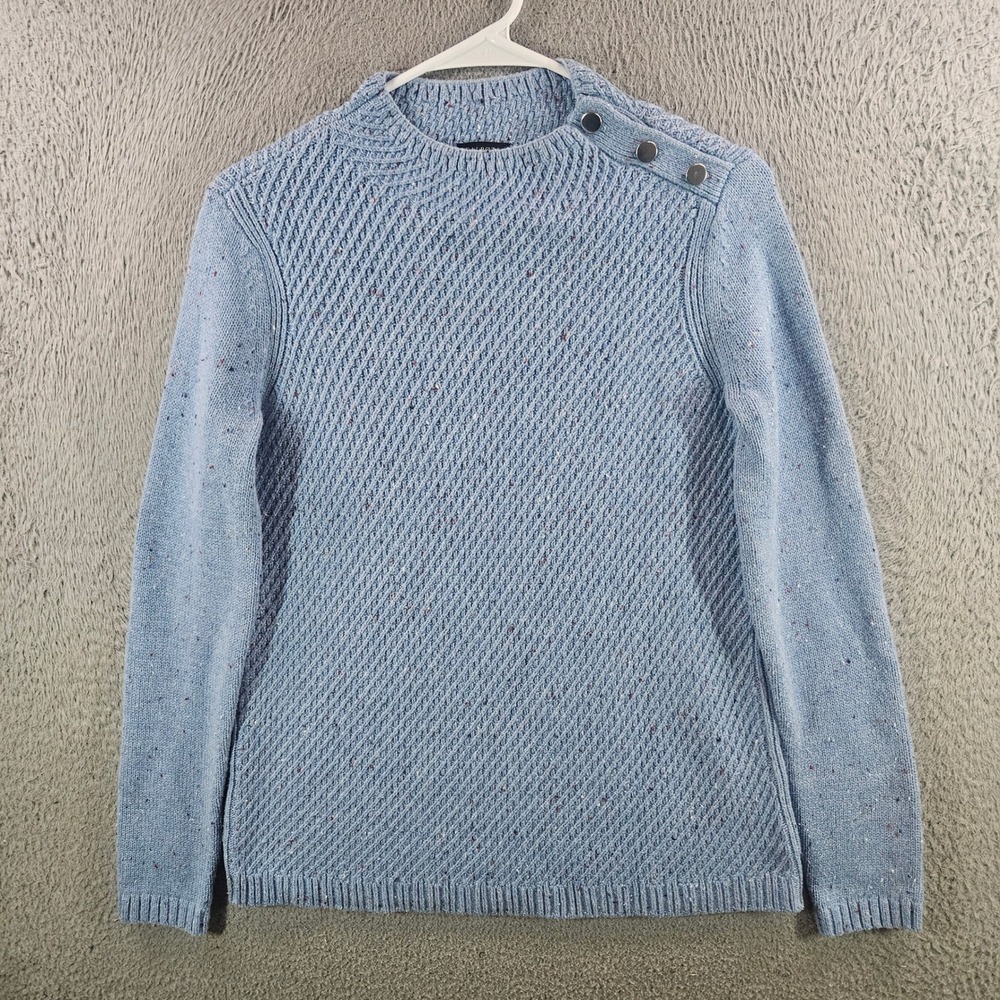 Talbots Womens Blue Textured Knit Button Shoulder Crewneck Sweater Size S